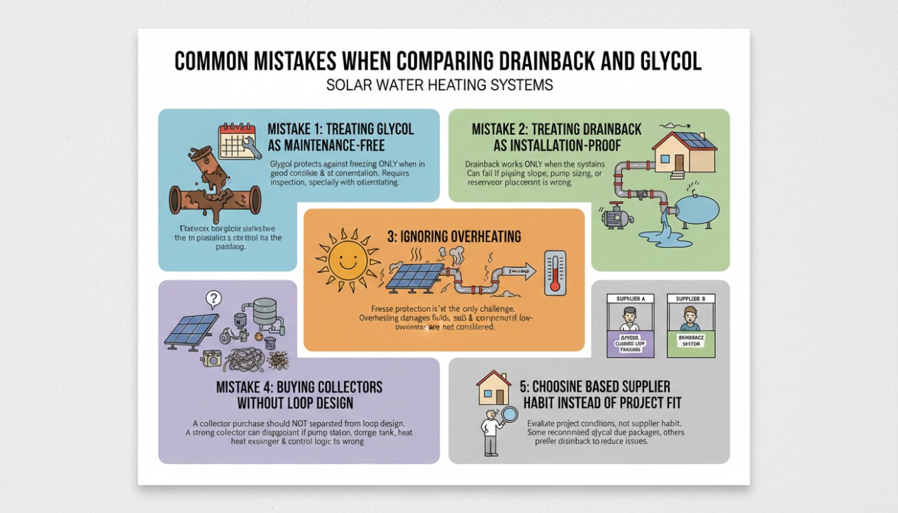 Common mistakes when comparing drainback and glycol solar water heating systems, including maintenance assumptions, installation errors, overheating risk, loop design neglect, and supplier habit bias